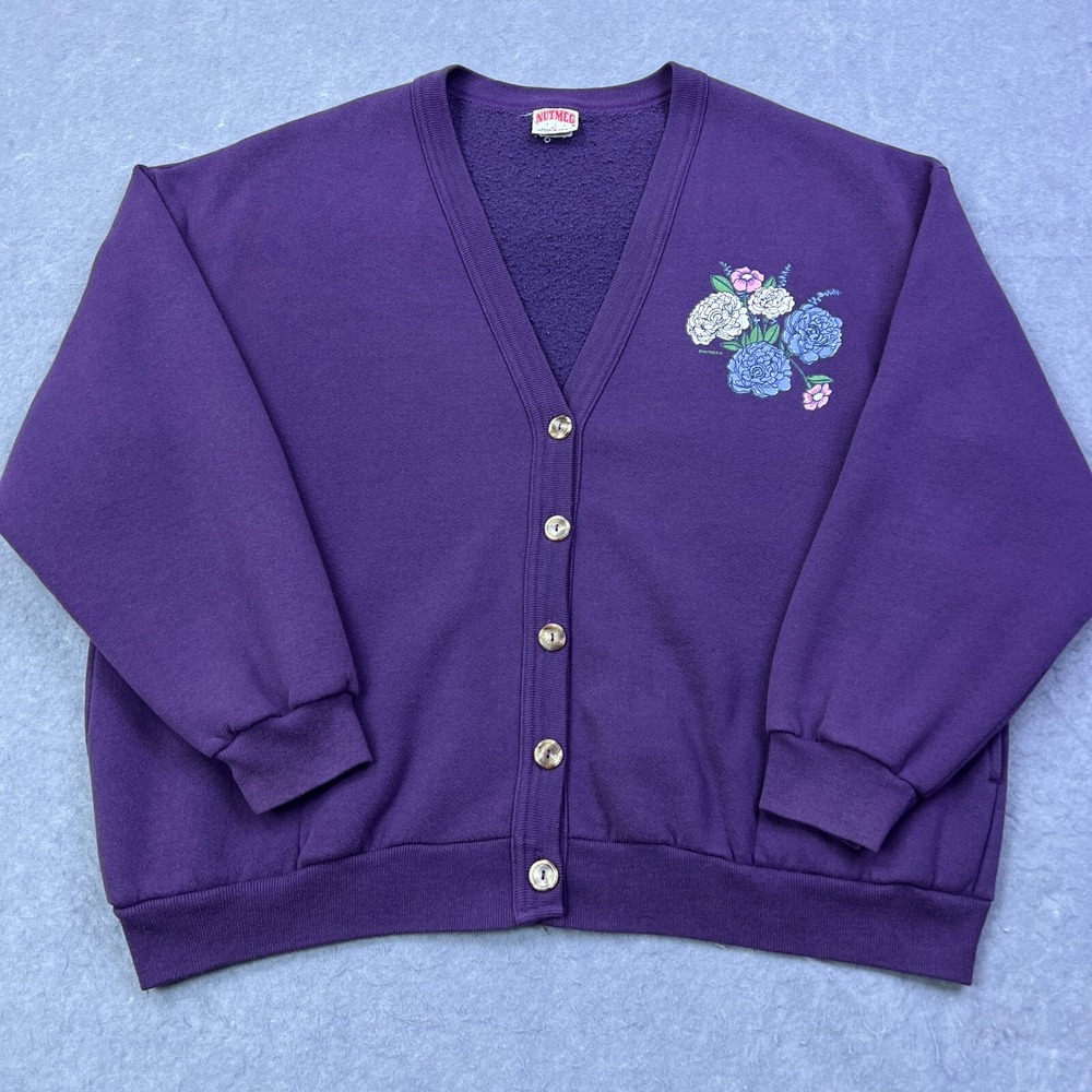 VTG Nutmeg Cardigan Women's XL Purple Flowers Fleece Button Sweater USA Made 90s